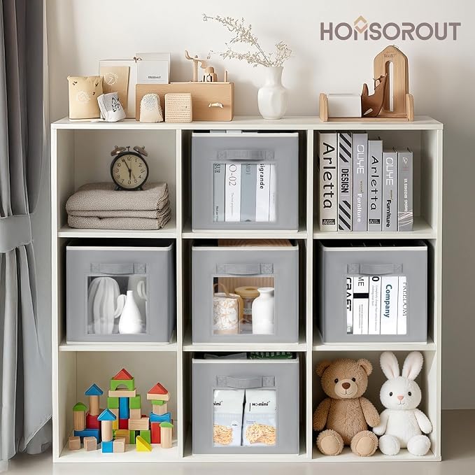 Homsorout Foldable Storage Cubes - Cubby Storage Organizer with Window, 11 Inch Baskets for Organizing, Collapsible Fabric Storage Cubes for Shelves, Closet, 10 Pack, Grey - Image 3