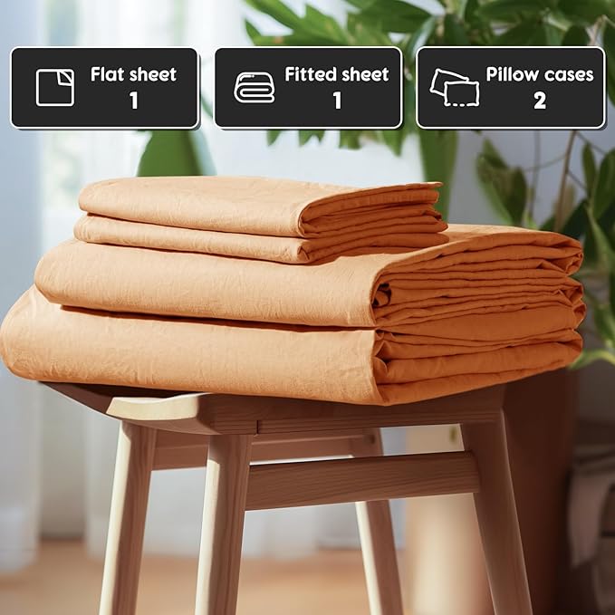 SONORO KATE 100% French Pure Linen Sheets, Breathable and Durable Linen Queen Size Sheets, Anti-Tear Linen Bed Sheets, Machine Washable, 16 Inch Deep Pocket - 4 Piece (Orange, Queen)