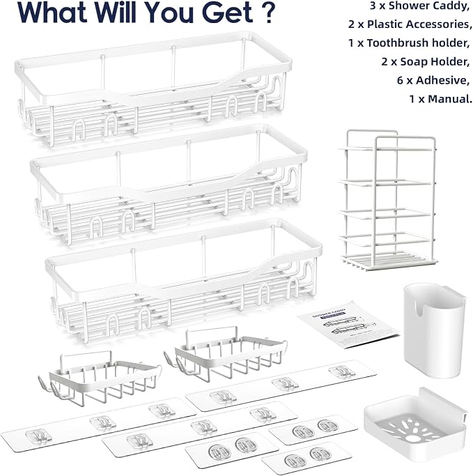 NESOMI Shower Caddy Adhesive Shower Organizer 8-Pack, Rustproof Stainless Steel Bathroom Shelves, Large Capacity No-Drill Rack Storage Accessories with Soap Dish Toothbrush Holder Hooks - Image 8