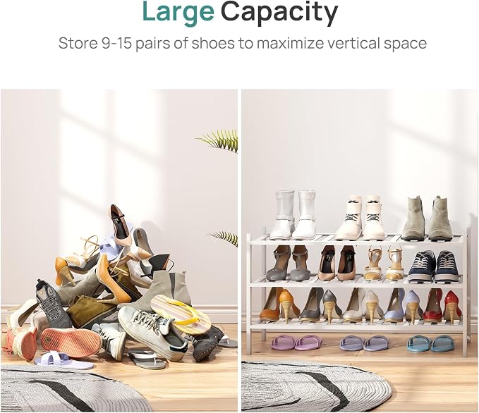 viewcare 3-Tier Long Shoe Rack, Bamboo Wood Shoe Rack for Closet, Entryway & Hallway, Stackable White Shoe Shelf Storage Organizer for Indoor Outdoor - Image 5