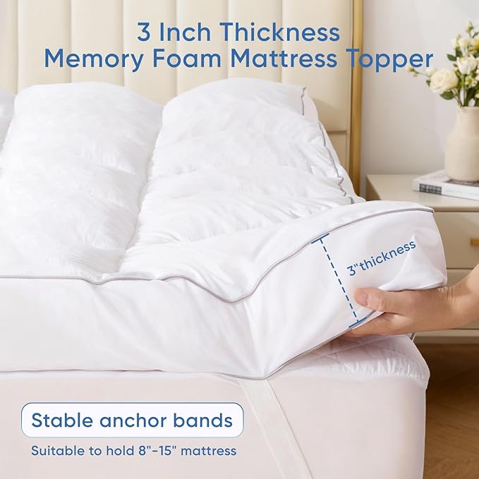 Memory Foam Full Mattress Topper, Bed Topper with 3 Inch Extra Thick Shredded Foam, 100% Cotton Mattress Pad Cover, Breathable & Skin-Friendly Full Size Mattress Topper with Anchor Straps