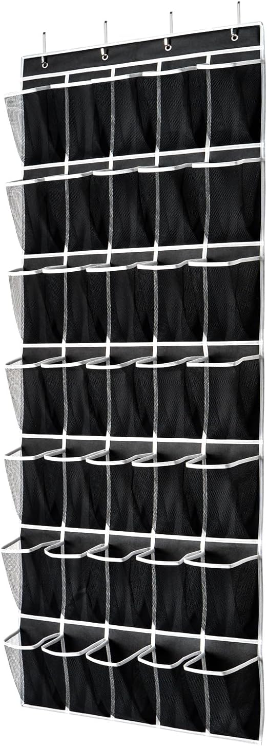 SAVERHO 35 Pockets Over the Door Shoe Organizer, Hanging Shoe Organizer for Door with 35 Mesh Pockets Large Capacity Shoe Hanging Storage Bag with 4 Metal Hooks (Black-1Pack) by SAVERHO
