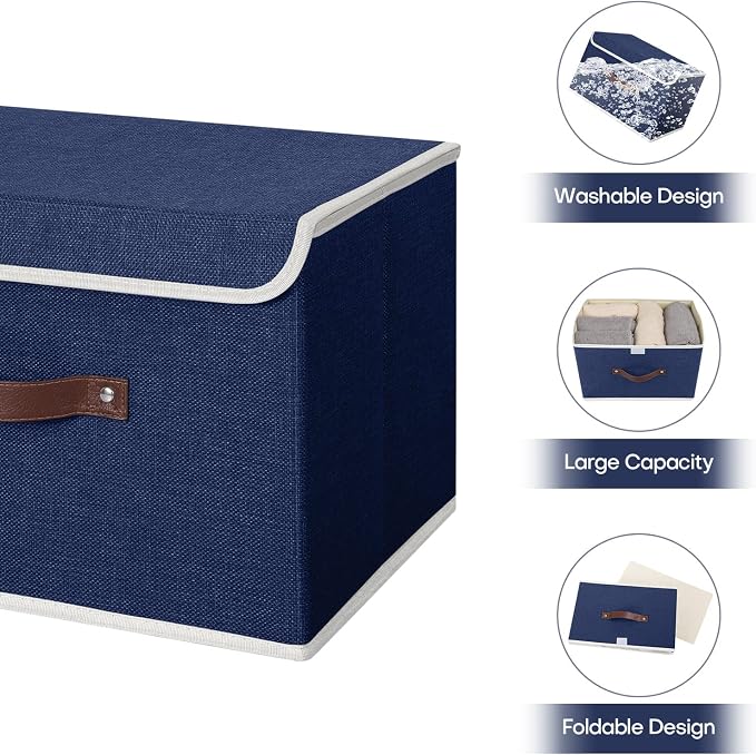 ANMINY Storage Bin with Lid Storage Boxes with PU Leather Handles PP Plastic Board Decorative Foldable Lidded Cotton Linen Fabric Home Cubes Baskets Closet Organizer Container - Blue, Large Size - Image 4