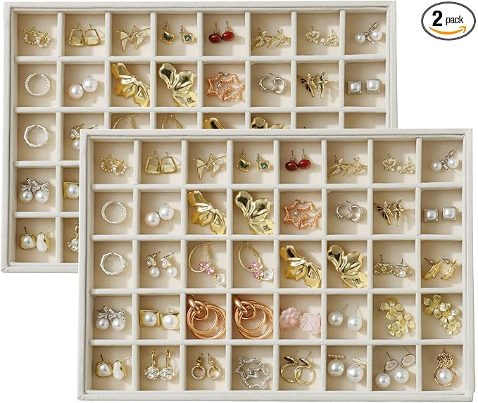 Large Velvet Jewelry Tray 2 Pack Stackable Jewelry Display Drawer Inserts Trays Organizer for Earring Bracelet Necklace Ring (Beige, 40 Grids) by Unknown