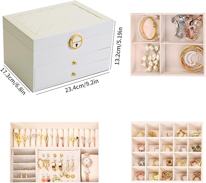 3 Layer Jewelry Box Organizer with Drawers, Lockable PU Leather Jewelry Storage Case for Mothrer's Day gifts Necklace Earring Ring Bracelet Watch, White - Image 8