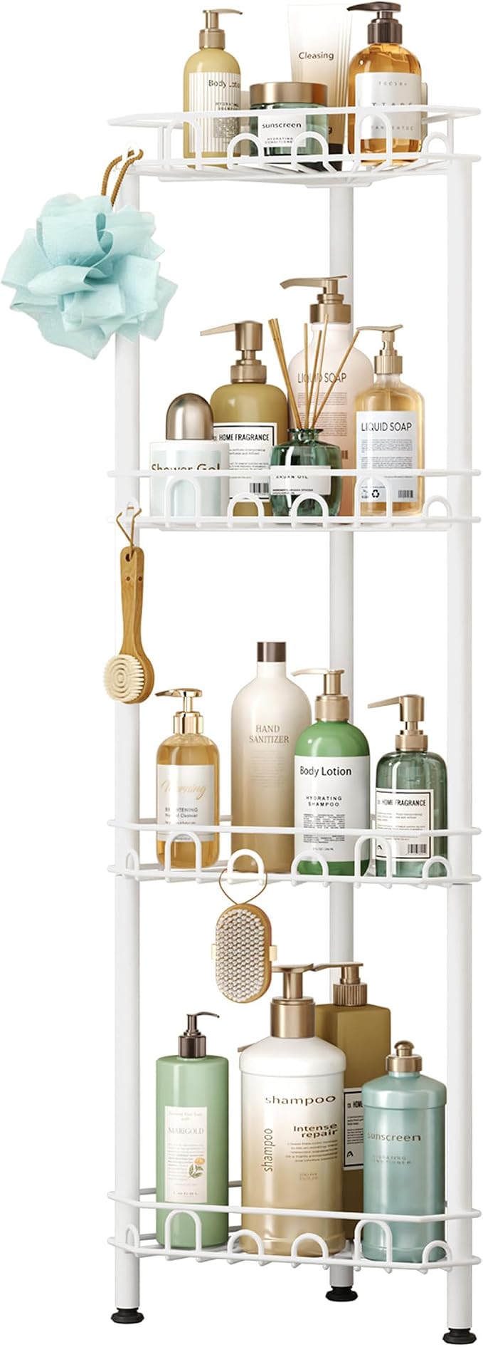SWTYMIKI Standing Shower Caddy Corner - 4‑Tier Stainless Steel Shower Organizer Shelf with 16 Hooks and Adhesive Pads, Rustproof Corner Shelves Stand Rack for Bathroom Shower Room, white - Image 8
