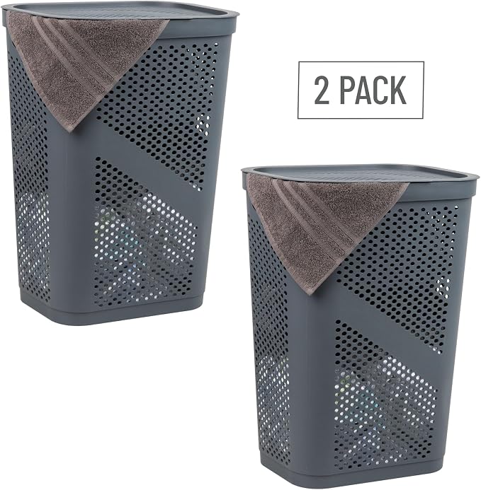 Mind Reader 60L Slim Laundry Hamper, Clothes Basket, Lid, Ventilated, Plastic, Set of 2, Gray - Image 7