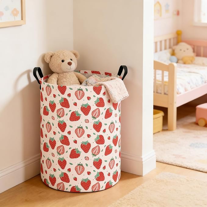 Laundry Hamper Large Canvas Fabric Lightweight Storage Basket/Toy Organizer/Dirty Clothes Collapsible Waterproof for College Dorms, Boys and Girls Bedroom,Bathroom(strawberry) - Image 8