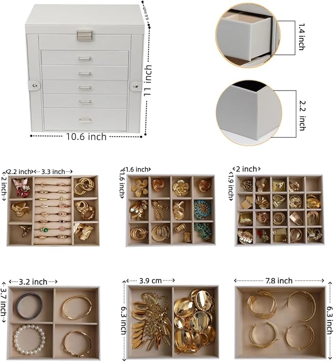 BOOVO Jewelry Box For women, 6 Layer Large Jewelry Organizer With Mirror, Multi-Function Storage Box With Lock, Necklace Holder With 5 Drawers, For Earrings Necklace Bracelet (Silver and Grey) - Image 4
