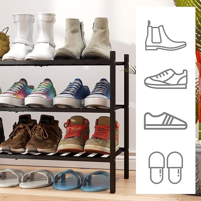 viewcare 3-Tier Black Bamboo Shoe Rack for Entryway, Stackable | Foldable | Natural, Shoe Shelf Storage Organizer for Hallway Closet, Free Standing Shoe Racks for Indoor Outdoor - Image 3