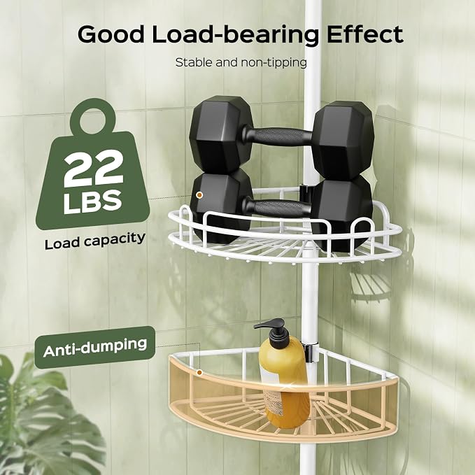 HAMITOR Corner Shower Caddy Tension Pole: Rustproof Bathroom Organizer Shelves for Bathtub Shampoo Accessories Storage Holder - 47-121 Inch Adjust - White - Image 3