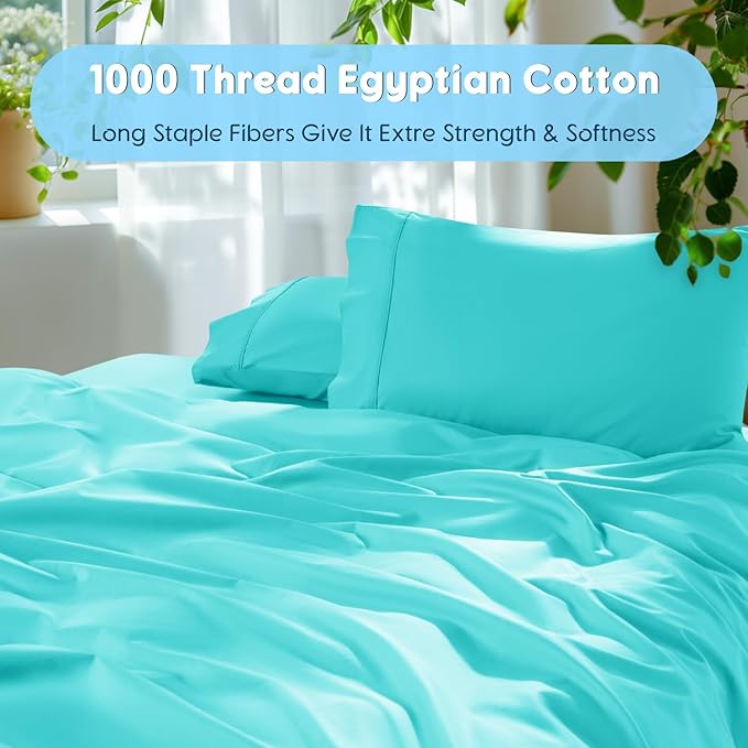 SONORO KATE 100% Egyptian Cotton Sheets Set - 1000 High Thread Count, Luxury 5-Star Hotel Sateen Bed Sheets, Soft, Breathable Long Staple Sheets, Fit up to 16" - 4 PC (Seafoam,Full)