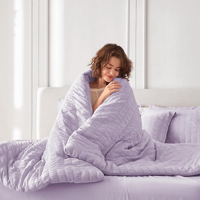 MUXHOMO 5 Pieces Twin XL Comforter Set, Seersucker Bed in a Bag Twin XL Size, All Season Luxury Bedding Set with Comforter, Flat Sheet, Fitted Sheet, Pillowcase & Sham, Lavender