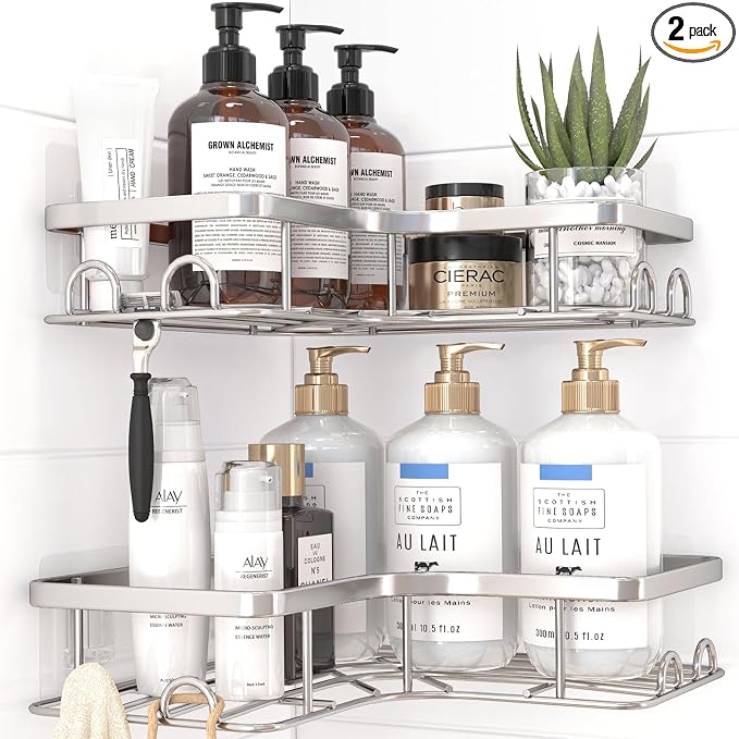 Sakugi Corner Shower Caddy - 2 Pack, Adhesive Shower Organizers, Rustproof Stainless Steel Shower Shelves with 8 Hooks, No Drilling Bathroom Organizers and Storage Racks, Space-Saving, Silver, Medium by Sakugi