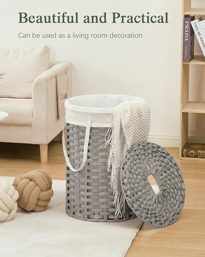 SETVSON Laundry Hamper with Lid Laundry Basket with Lid 19.0 Gal (72 L) Round Laundry Basket Handwoven Rattan Basket with Lid Removable Bag 2 Mesh Bags Handles for Living Room Bathroom Gray - Image 7