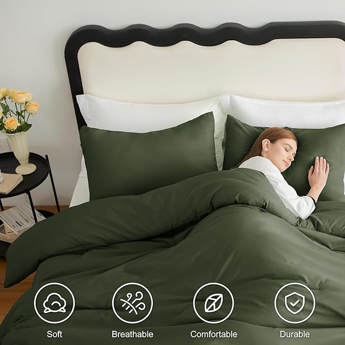 CozyLux Queen Comforter Set Olive Green, 3 Pieces Solid Comforters Queen Size Breathable Bedding Sets, Luxury Soft Lightweight Bed Set with Down Alternative Comforter and 2 Pillowcases All Seasons