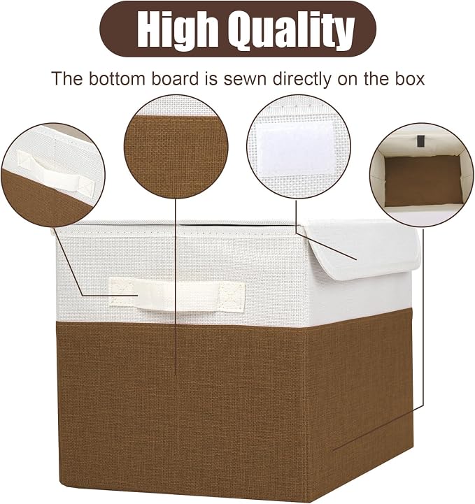 Bagnizer Large 22 Quart Linen Fabric Foldable Storage Bin Cube Organizer Basket with Flip-Top Lid & Handles, Clothes Blanket Box for Home, Office, Closet, Brown & White, 4 Pack 14.6 x 9.5 x 9.5 - Image 5