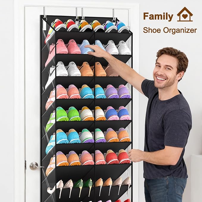 UVIAHOMI 20-30 Pairs Over the Door Shoe Organizer, Clear Pockets Hanging Shoe Storage for Closet, 10-Tier Door Shoes Rack, Handing Shoes Holder Fit All the Family's Sneakers, Boots, Heels, Black - Image 4