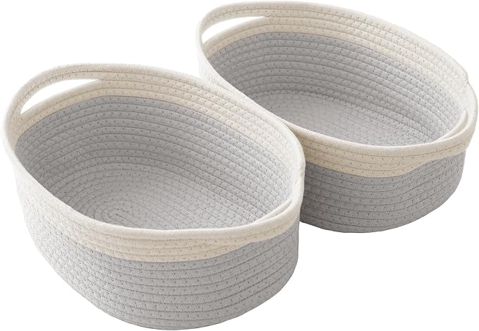 JMvicyroam Woven Basket,Small Rope Storage Bin with Handles & Ribbon Bag, Organizer for Shelves Closets,Gift Basket Empty for Birthday,Books,Dog Toys, White&Grey/2 Pack by JMvicyroam