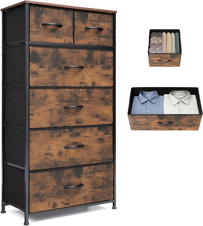 Fabric Dresser for Bedroom, Tall Skinny Dresser with 6 Drawers, Storage Organizer Tower, Steel Frame Wooden Top for Closet, Living Room, Hallway(Rustic Brown) by VredHom
