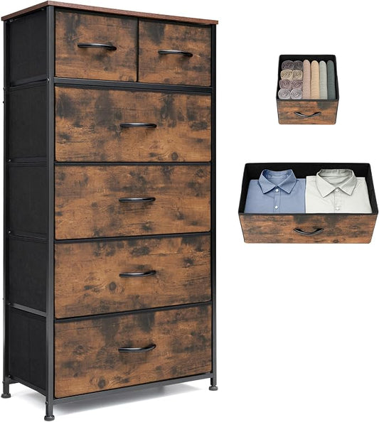 Fabric Dresser for Bedroom, Tall Skinny Dresser with 6 Drawers, Storage Organizer Tower, Steel Frame Wooden Top for Closet, Living Room, Hallway(Rustic Brown) by VredHom