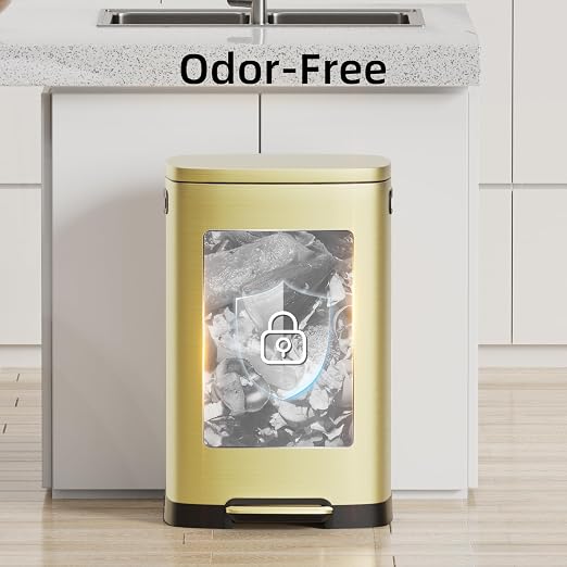 KUK 13 Gallon/50L Stainless Steel Kitchen Trash Can with Lid and Step Pedal-Large Capacity Garbage Bin with Odor Seal, Silent Close Lid, Removable Inner Bucket, Titanium Gold - Image 5