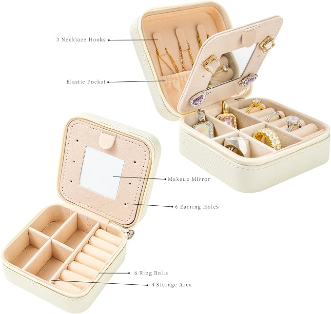 KElofoN Travel jewelry case Travel jewelry box Travel Jewelry Organizer Small Jewelry Organizer Box Gift for Girls Women with Mirror(White) - Image 3