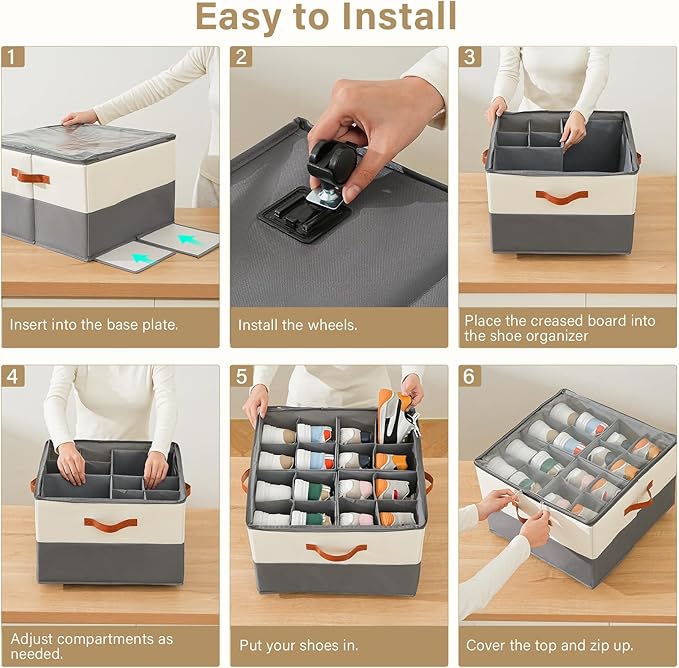 INSTY 2 Pack Shoe Organizer for Closet,Shoe Storage Organizer with Wheels, Fits up to 32 Pairs,Adjustable Dividers,Fabric Shoe Storage Bins with Clear Cover,Beige and Grey - Image 7
