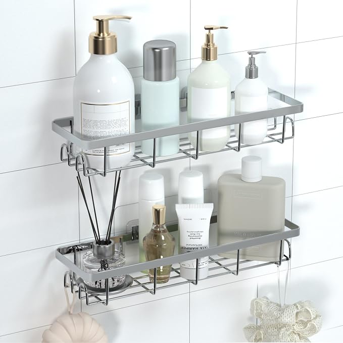 Shower Caddy Organizer with Hooks,Self Adhesive Bathroom Shelves,No Drilling Bathroom Organizers and Storage,Perfect for RV, Apartment, Home Decor,2 Pack Silvery - Image 6