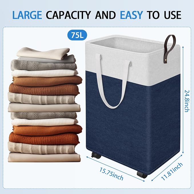 HomeHacks 75L Rolling Laundry Basket with Wheels, Collapsible & Waterproof Laundry Hamper, Mobile Clothes Hamper, Storage Laundry Bins with Handles for Laundry Room, Bedroom, Bathroom & Dorm, Blue - Image 2