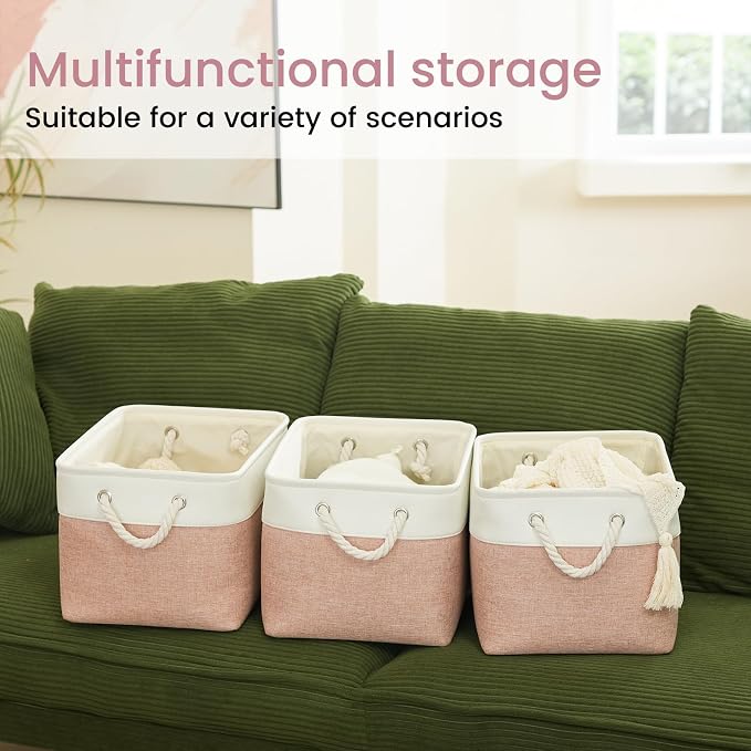 Large Storage Baskets- 15x11x10 inch Storage Bins for Shelves and Closet Organizing, Foldable Fabric Bin for Home Organization Clothes and Laundry (3-Pack, White&Pink) - Image 6