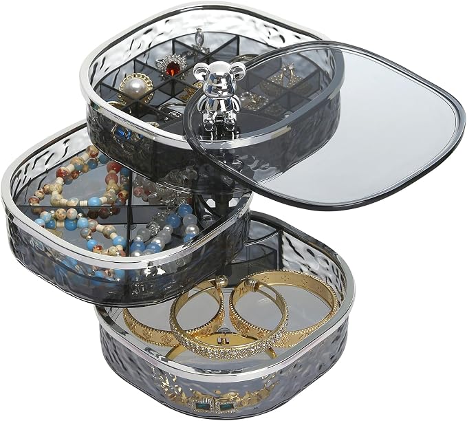 LETURE 3-Layers Rotatable Jewelry Organizer Storage Box, Clear Ripple Jewelry Holder Case for Ring Earring Necklaces Bracelets Makeup Hair Accessories, Small Rotating Jewelry Tray for Women (Grey) by LETURE