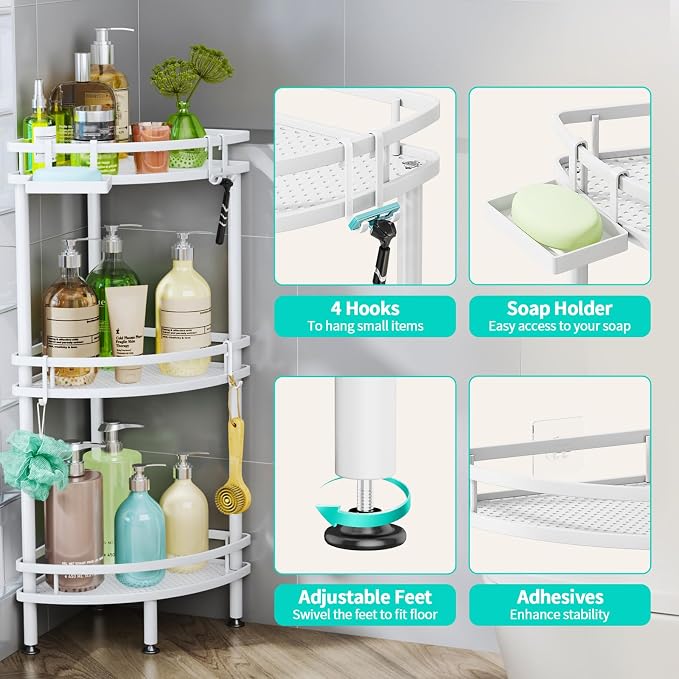 HapiRm Standing Corner Shower Caddy - 3 Tier Shower Organizer Corner with Soap Holder and 4 Hooks, Rustproof Bathroom Storage Shelves with Adhesives, White - Image 3