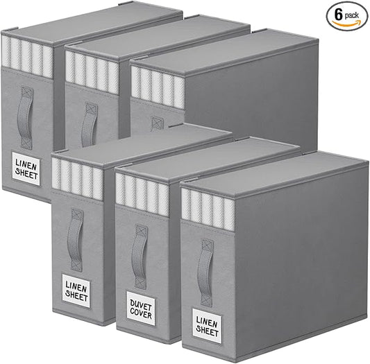 StorageTastic 6 Pack Bed Sheet Closet Organizers and Storage,Sturdy Foldable Storage Containers with Window and Label,Storage and Organization for Bedding Sheets,Duvet Covers,Blankets (Grey) by StorageTastic
