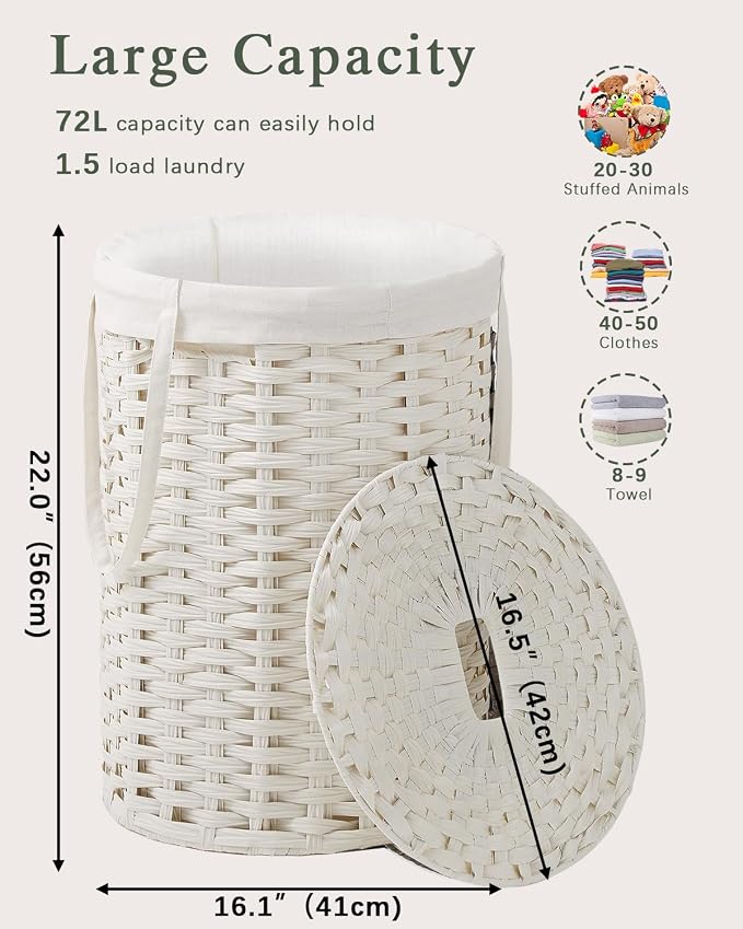 SETVSON Laundry Hamper with Lid Laundry Basket with Lid 19.0 Gal (72 L) Round Wicker Laundry Basket Handwoven Rattan Basket with Lid Removable Bag 2 Mesh Bags Handles for Living Room Bathroom White - Image 4