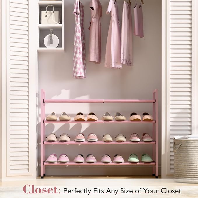 Bumusty 4-Tier Expandable Shoe Rack for Closet, 18“-33” Adjustable Shoe Rack for Small Space, Small Shoe Organizer for Front Door, Sturdy Metal, Pink - Image 2