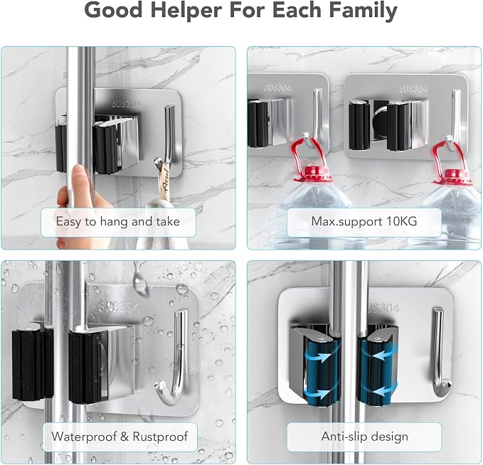homeasy Mop Broom Holder No Drill, Mop Broom Organizer Wall Mounted Heavy Duty with Hooks Hanger, Self Adhesive Stainless Steel 4Pcs for Bathroom, Kitchen, Office (Multicolor) - Image 4