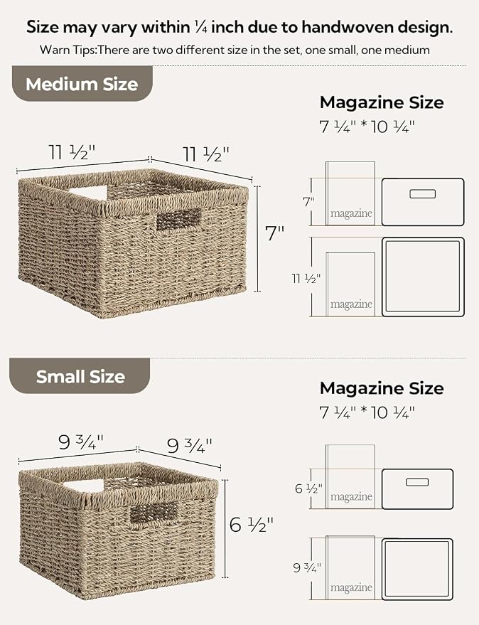 StorageWorks Wicker Storage Baskets, Handwoven Seagrass Basket for Organizing, Decorative Wicker Baskets with Built-in Handles, Set of 2 - Image 2