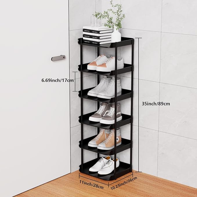 6 Tier Vertical Narrow Shoe Rack, Stackable Tall Skinny Shoerack, Compact Single Shoes Storage Tower for Slim Space, Corner Plastic Shelves, for Hallways, Entryway, Bedrooms Organizer, Black - Image 3