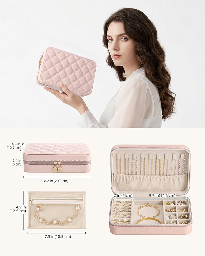 Lolalet Travel Jewelry Case for Women Girls, PU Leather Jewelry Organizer with Clear Storage Bag Small Portable Jewelry Box for Necklace Bracelet Earring Ring Mothers Day Birthday Gifts -Large/Pink - Image 5