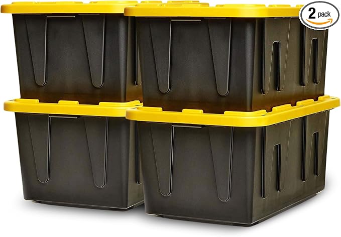 HOMZ 4-Pack Durabilt Tote, Heavy Duty Plastic Storage Bins with Lids, 27 Gallon, Black/Yellow - Stackable Organizing Containers for Home, Garage, and Shed by Homz