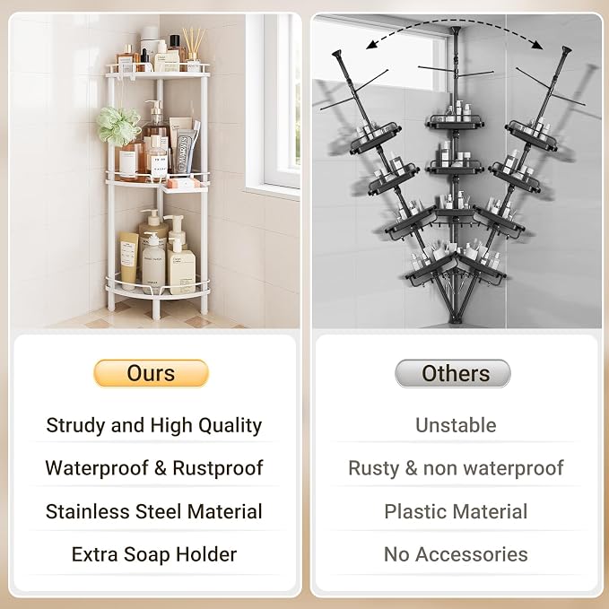 ELYKEN Corner Shower Caddy Standing, 3 Tier Rustproof Metal Shower Organizer with Soap Holder, Floor Shower Corner Shelf Rack Storage Stands with Adjustable Feet & 2 Hooks for Bathroom, White - Image 7