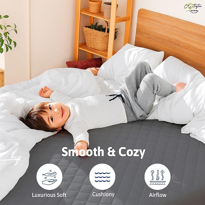 Cottington Lane 400 GSM King Size Waterproof Quilted Mattress Pad Protector, Soft Microfiber Mattress Topper Cover with TPU Backing, Deep Pocket Fits up to 21 Inch Mattresses, Dark Grey