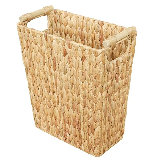 Coeusy 6 Gallon Wicker Trash Can with Wooden Handle,Wicker Waste Basket for Bathroom,Bedroom,Large Narrow Water Hyacinth Trash Basket,Rattan Boho Decor Farmhouse Bathroom Trash Can by WEAVECOMFORTINTOEVERYCORNER