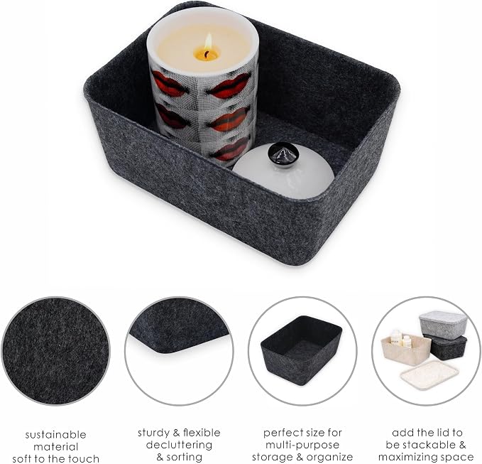 Welaxy Felt deep Storage Bins lidded Drawer Organizer Caddy for junk stuff stationery makeup jewelry closet bathroom minimalist lifestyle (Charcoal Bin, S) - Image 2