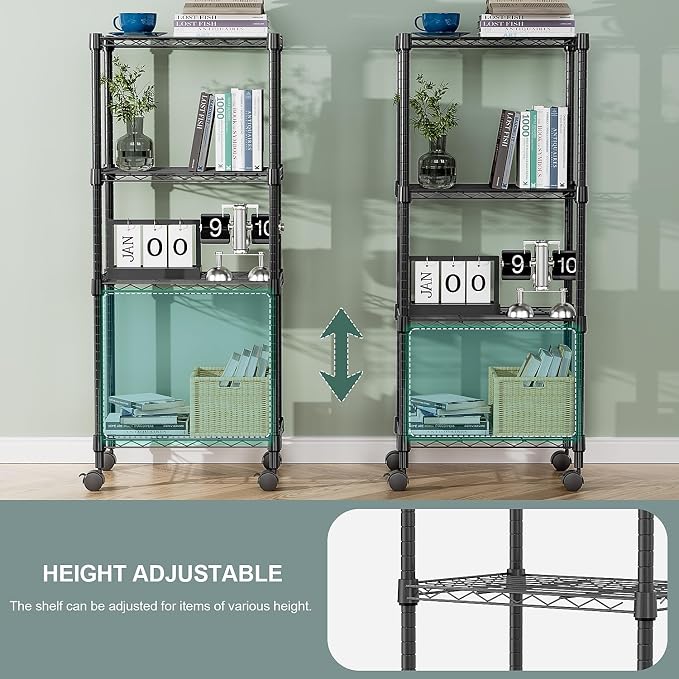 M MZG 4-Shelf Adjustable Heavy Duty Steel Wire Rack, Adjustable Storage Shelving Unit with Wheel for Kitchen, Garage, Laundry Black 11.8" D x 17.7" W x 40.8" H - Image 6