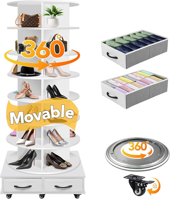 8 Tier Rotating Shoe Rack Tower contains 2 drawers, Spinning Shoe Rack Display Lazy Susan, Revolving 360 Shoe Racks Storage Round Carousel, Equipped with 5 Universal Wheels with Brake Function by RUNSUNSPRI