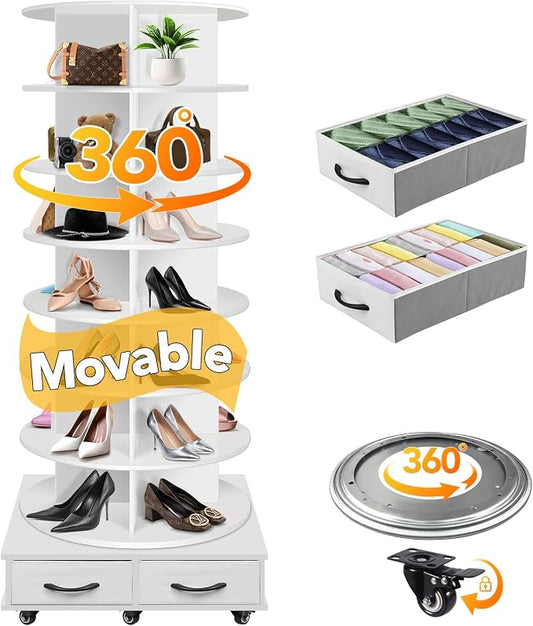 8 Tier Rotating Shoe Rack Tower contains 2 drawers, Spinning Shoe Rack Display Lazy Susan, Revolving 360 Shoe Racks Storage Round Carousel, Equipped with 5 Universal Wheels with Brake Function by RUNSUNSPRI