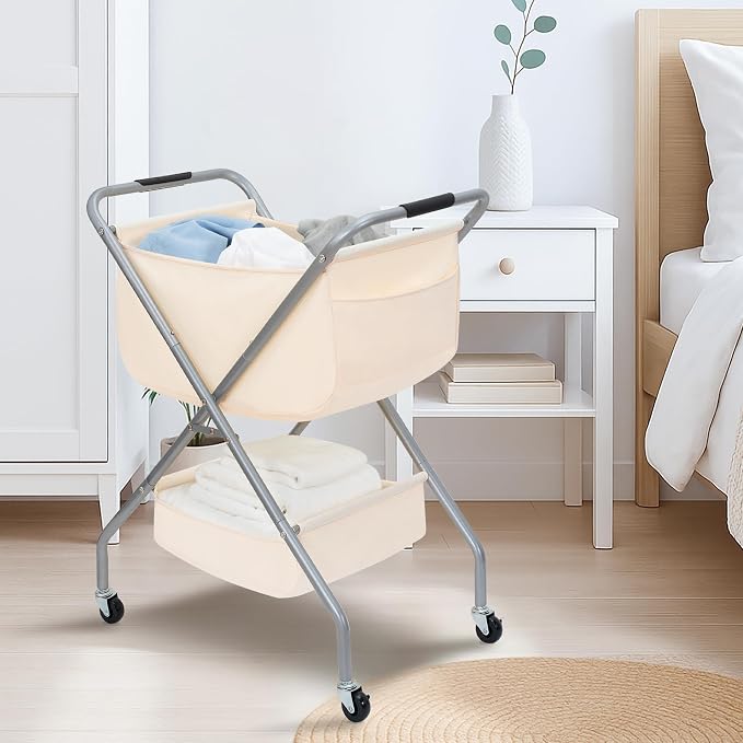 STORAGE MANIAC Collapsible Laundry Cart with Wheels 31.5"H Rolling Laundry Hamper Clothes Basket with Wheels, Canvas Liner Sturdy Steel Frame Folding for Small Narrow Space Easy Storage, Beige - Image 7