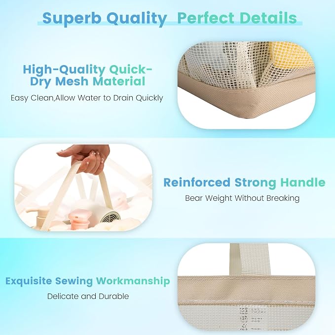 Mesh Shower Caddy for College Dorm Room Essentials for Girls with 9 Pockets,Large-Capacity Shower Basket,Quick Dry Toiletry Tote Bag for Women,Outdoor Gym,Travel,Swim,Beach Camping Essentials-Beige - Image 3